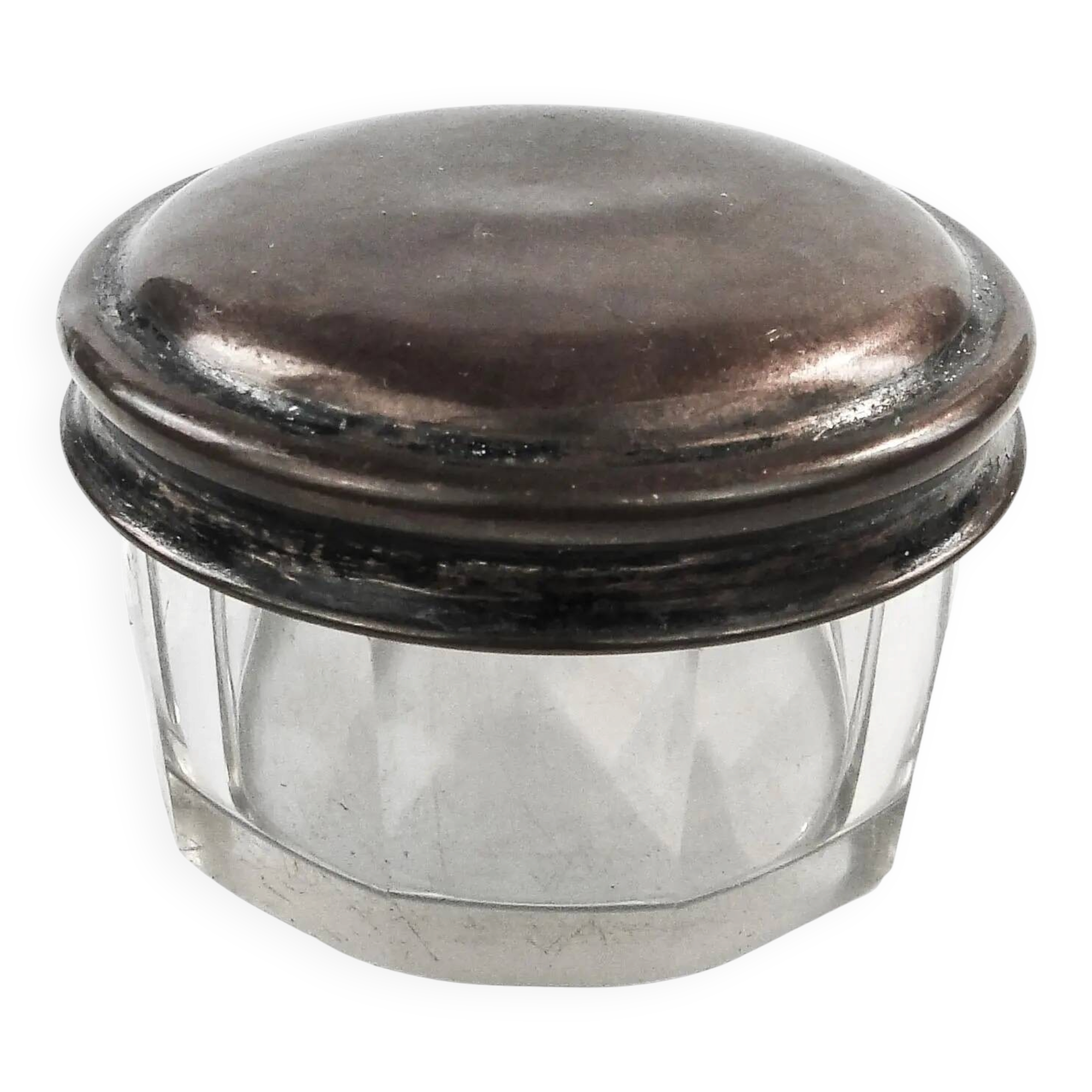 Art Deco pill box, crystal, silver-plated copper, Poland, 1930s