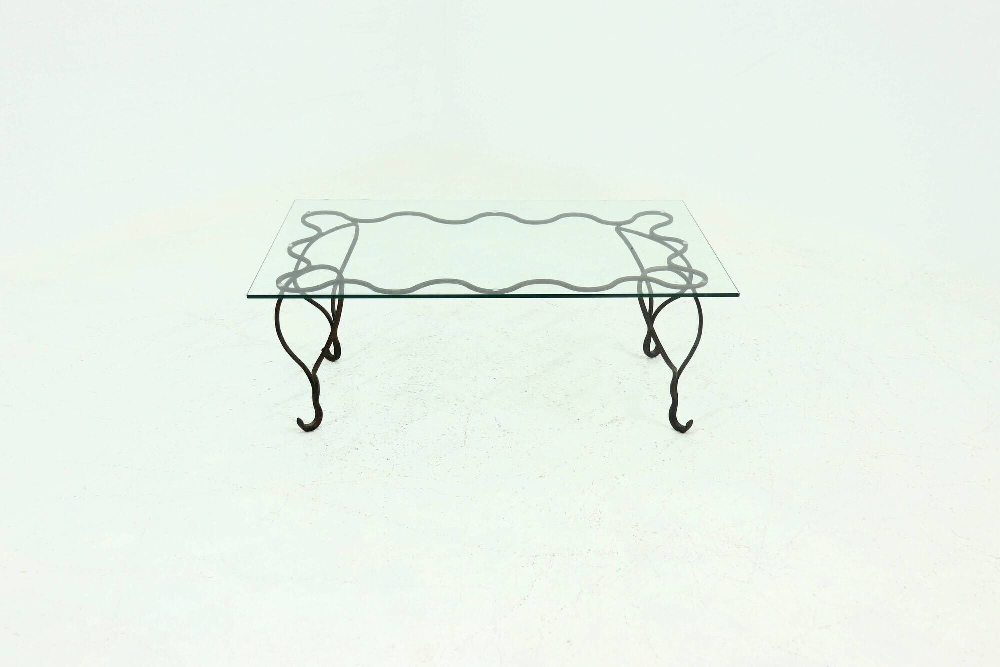 Coffee Table with Decorative Forged Steel Base and Glass Top 1960s