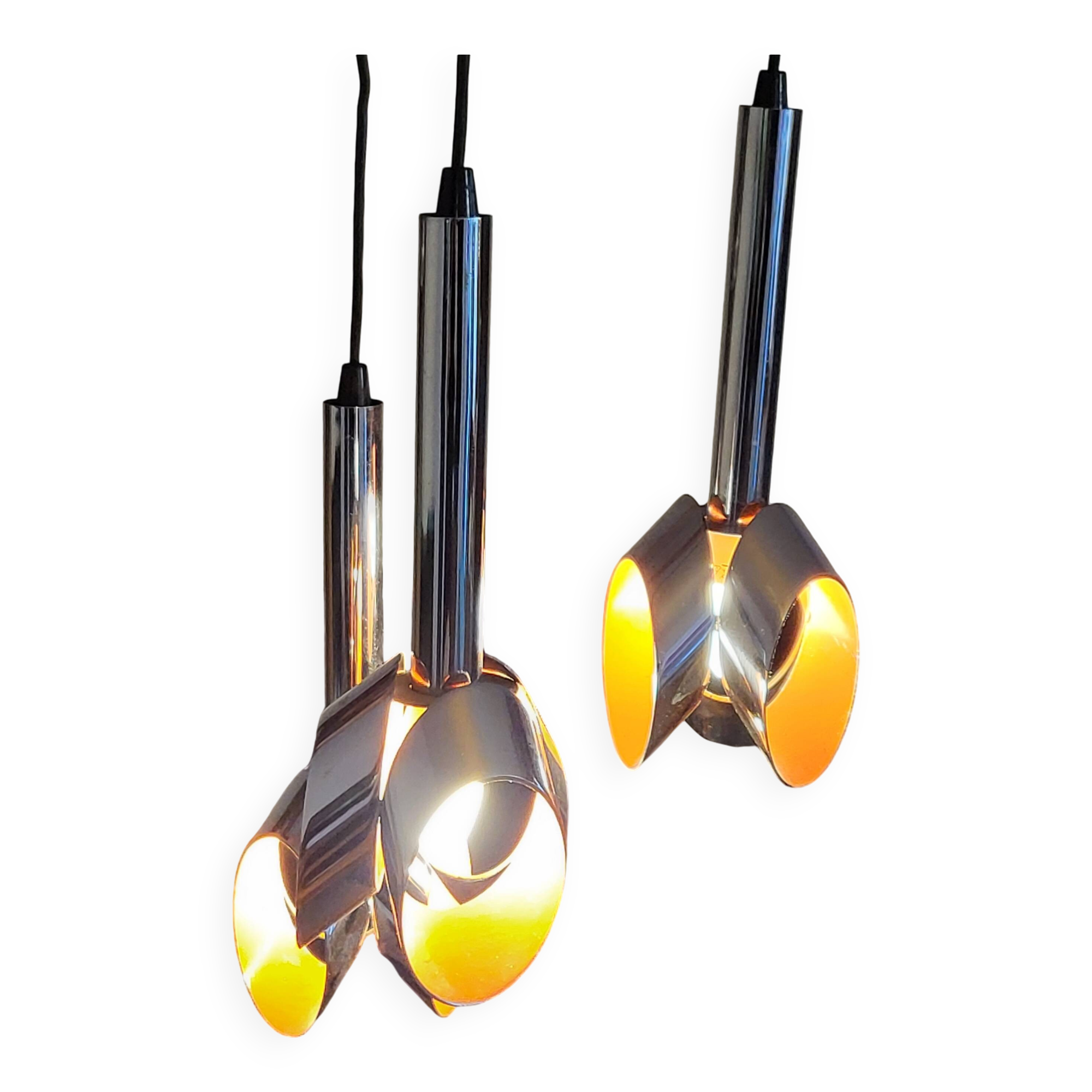 Massive Belgique three-armed waterfall pendant lamp in chrome and orange lacquer