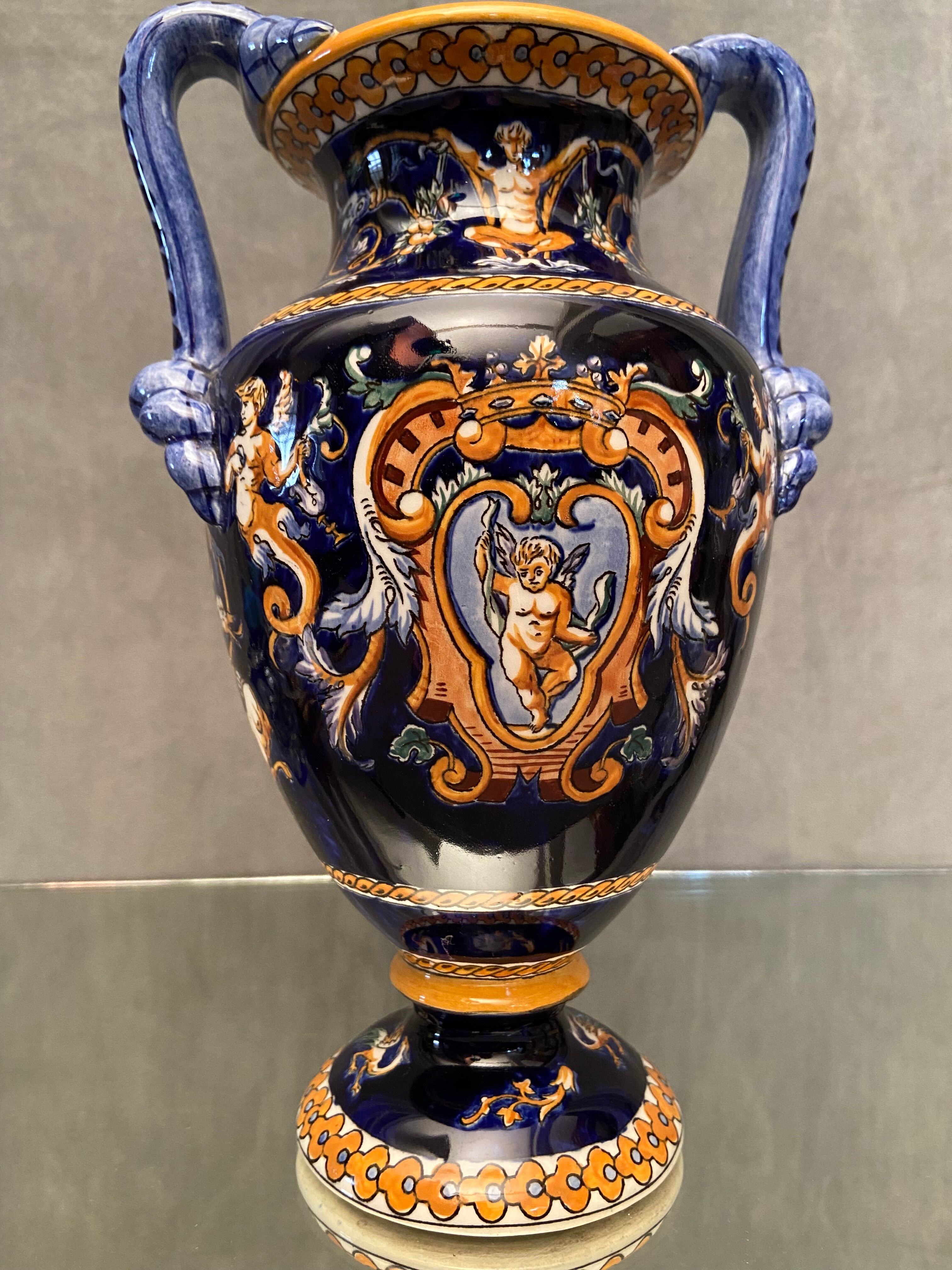 Vase on pedestal with handles in earthenware Gien Italian Renaissance decoration