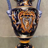 Vase on pedestal with handles in earthenware Gien Italian Renaissance decoration