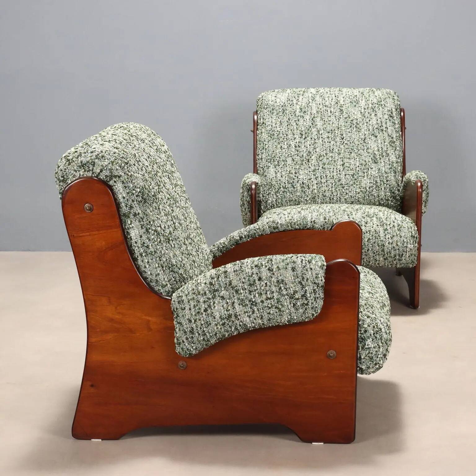 Paire de fauteuils vintage en bois et tissu, design, Italie, années 1960
