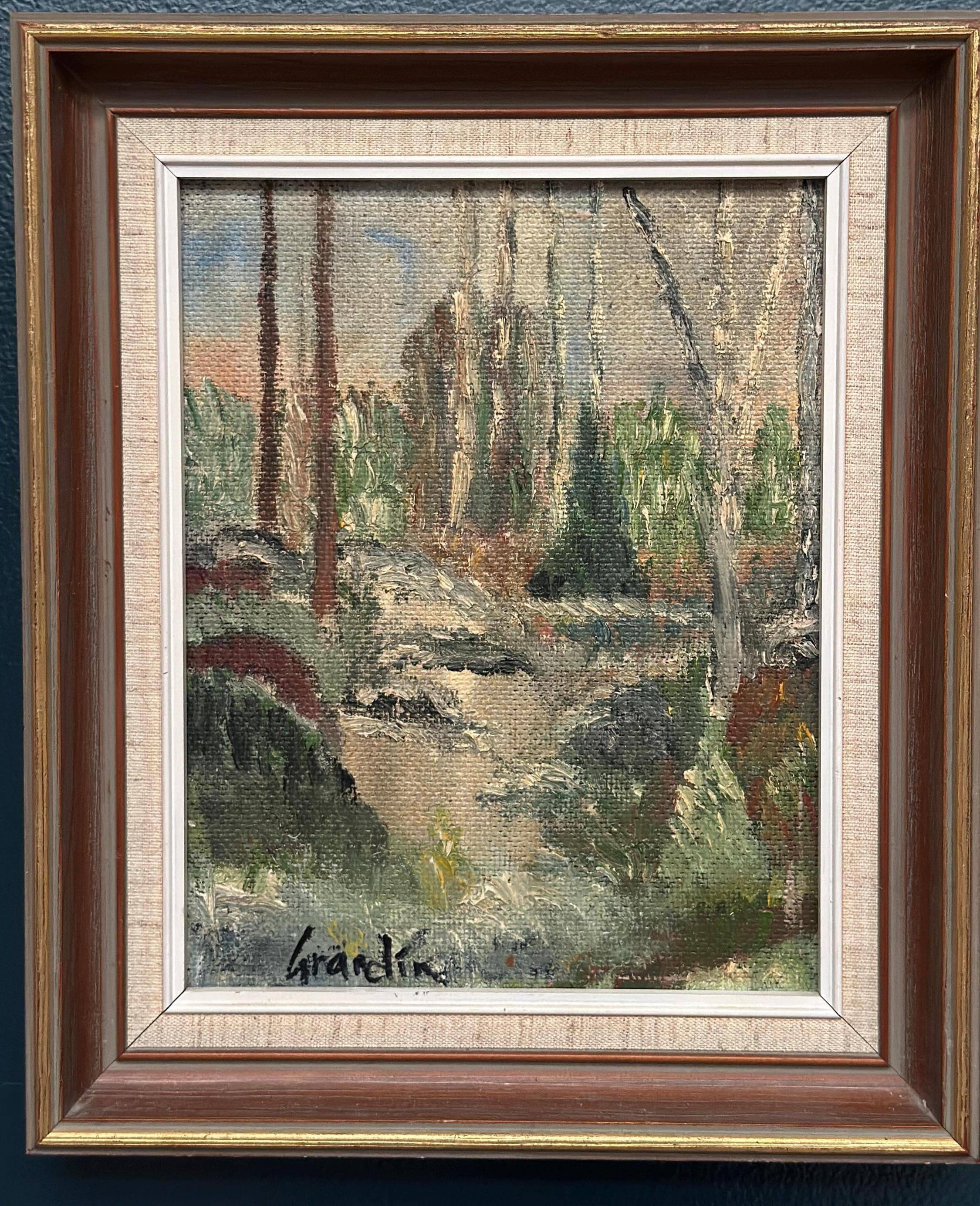 Huile su panneau suédoise – « Forêt » par Svan Grandin – Vintage et encadrée