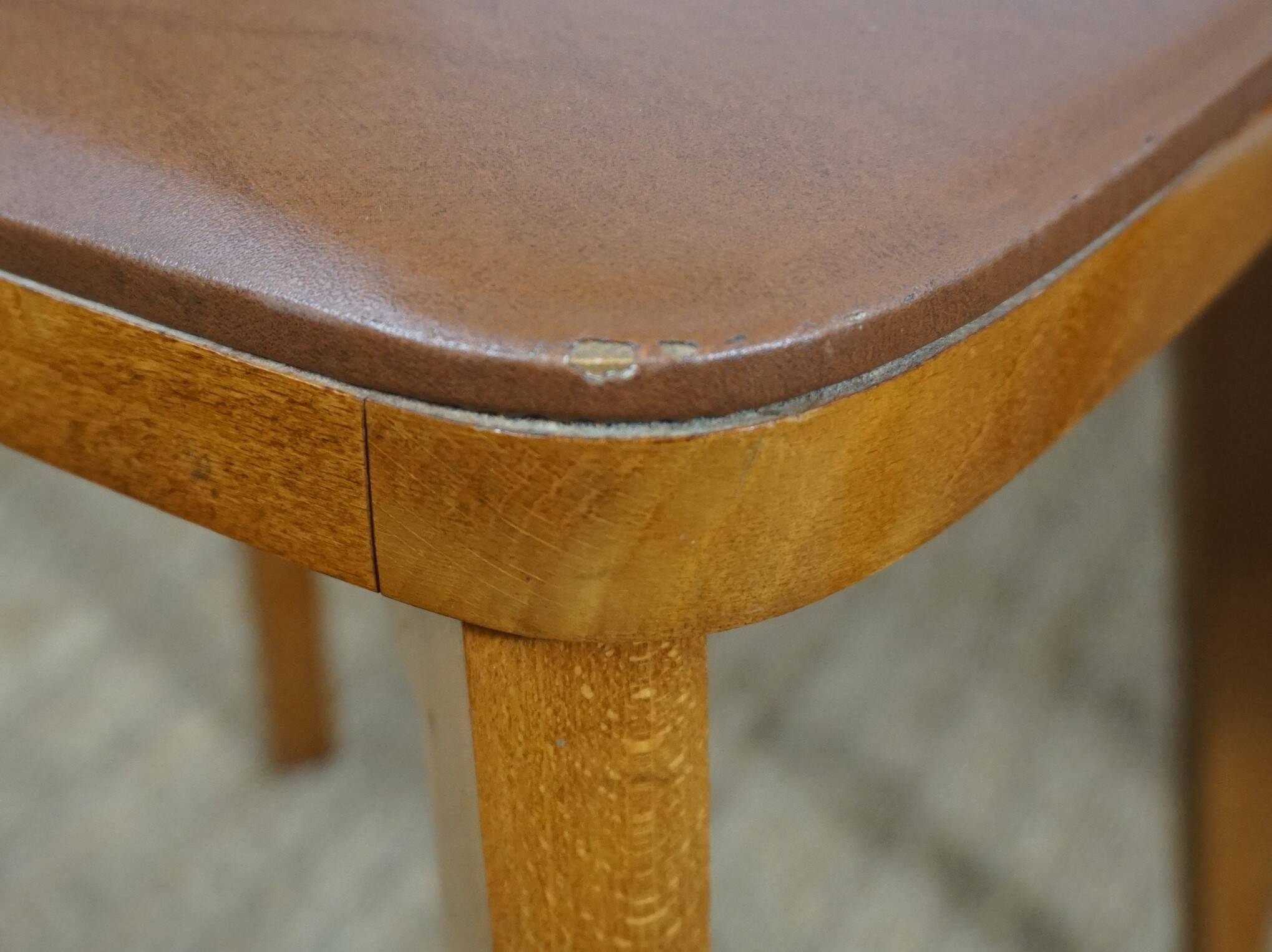 5 1960s Scandinavian style chairs in brown wood and skai, French handcrafted by Raincy