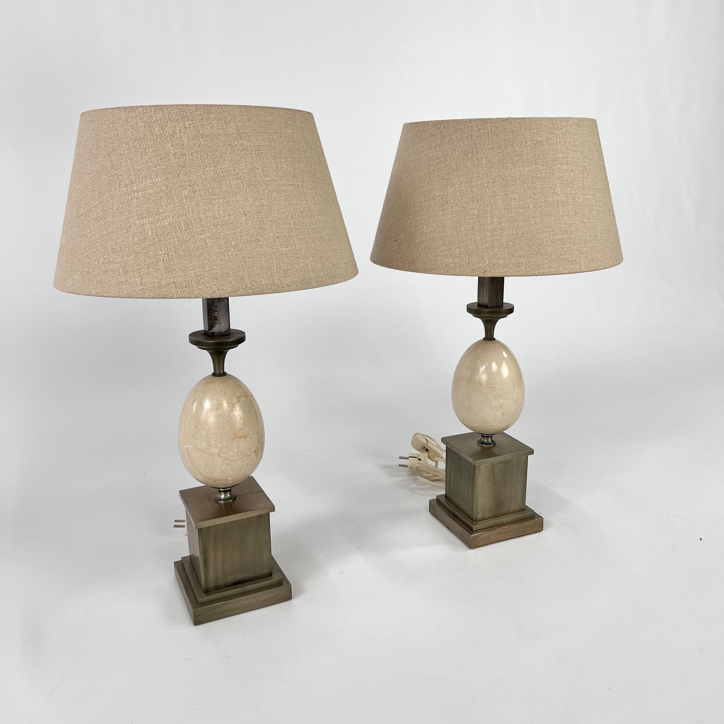 Set of 2 french marble and steel lamps 1970s