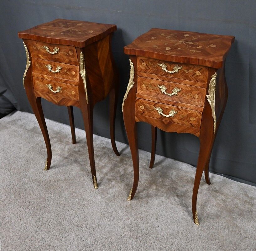 Pair of bedside tables in marquetry, Louis XV style – Mid 20th century