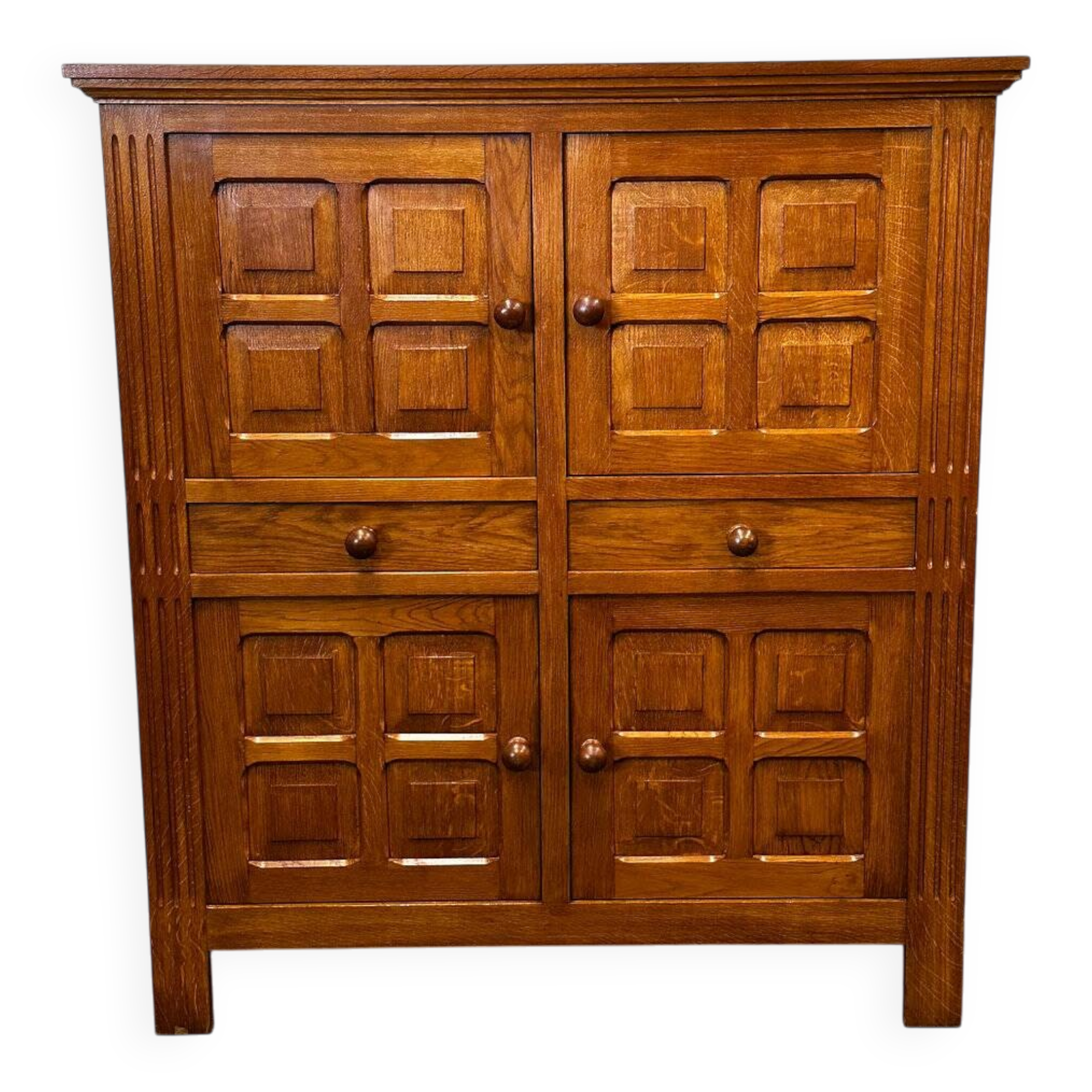 Artisan brutalist oak cabinet with turned knobs, France, 1970s