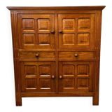 Artisan brutalist oak cabinet with turned knobs, France, 1970s