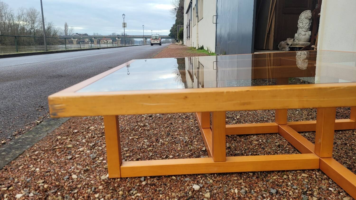 Modernist vintage square coffee table, in wood and old glass