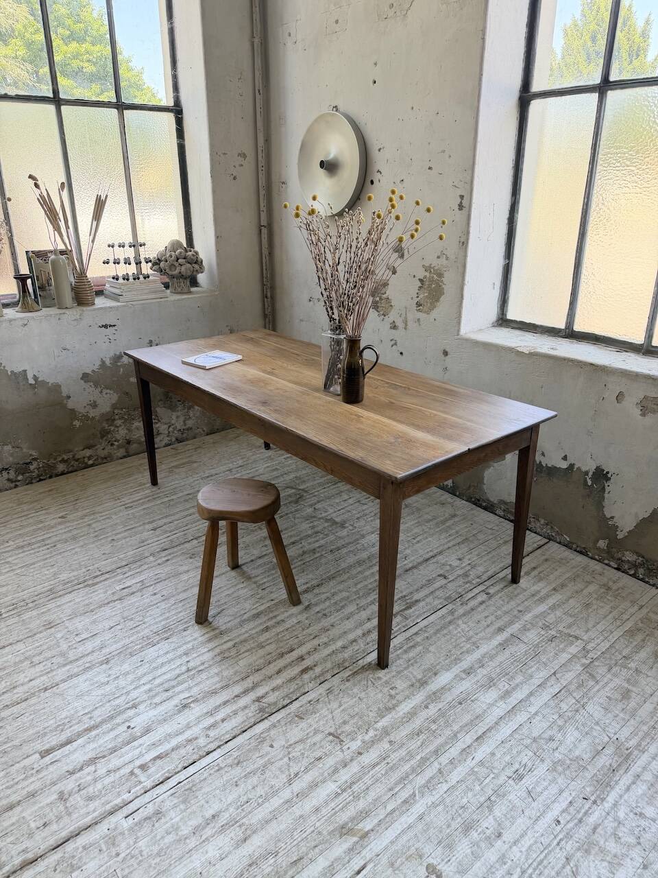 Table de ferme chêne pieds fuseaux 1950
