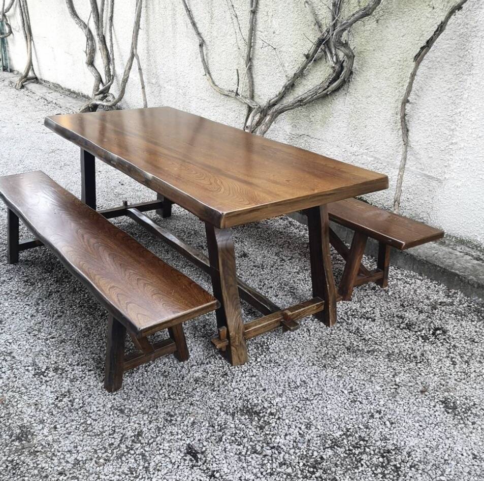 Large table and 2 benches brutalist design Olavi Hänninen