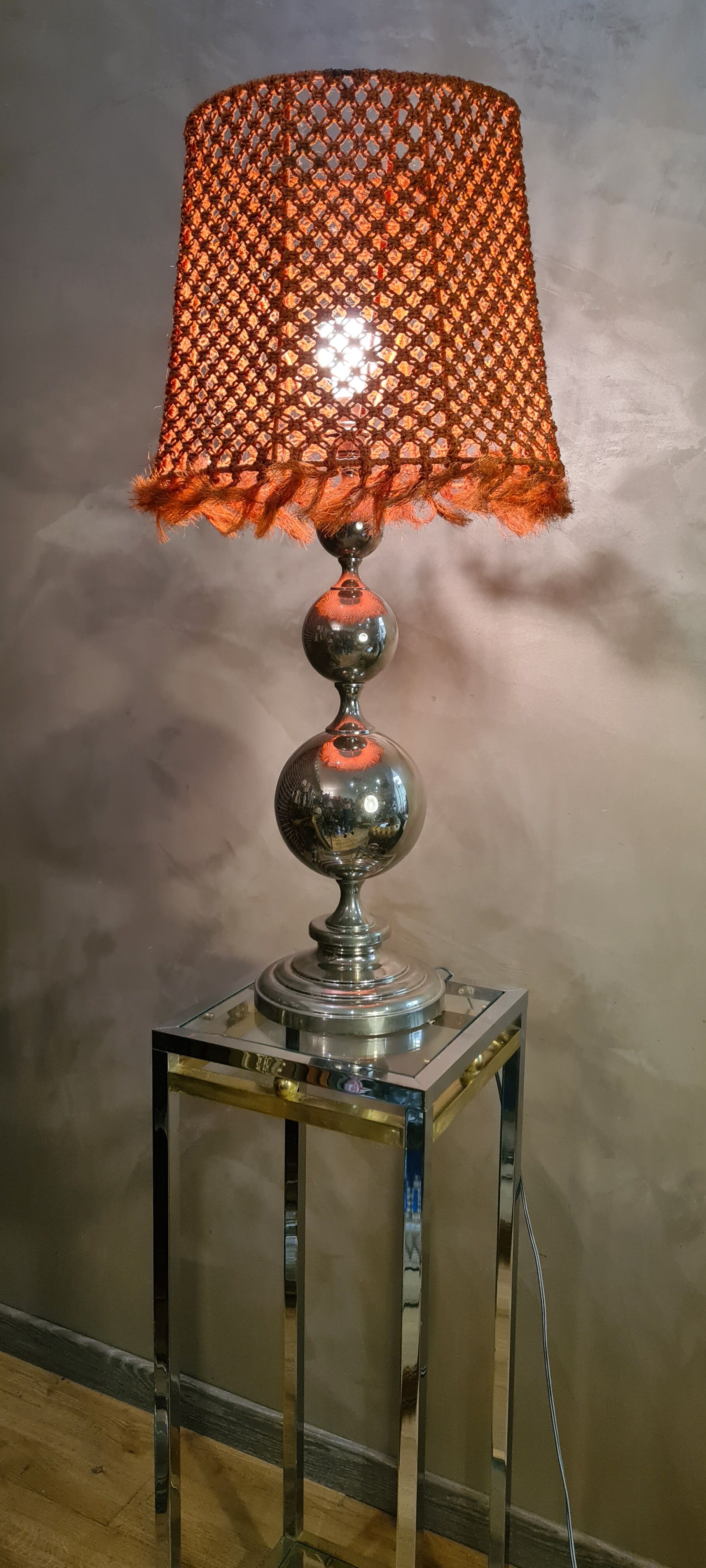 large nickel-plated lamp 1970 macramé lampshade 87x40, very beautiful