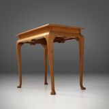 Elegant French side table in beech wood with lace inlay and glass top, 1950s