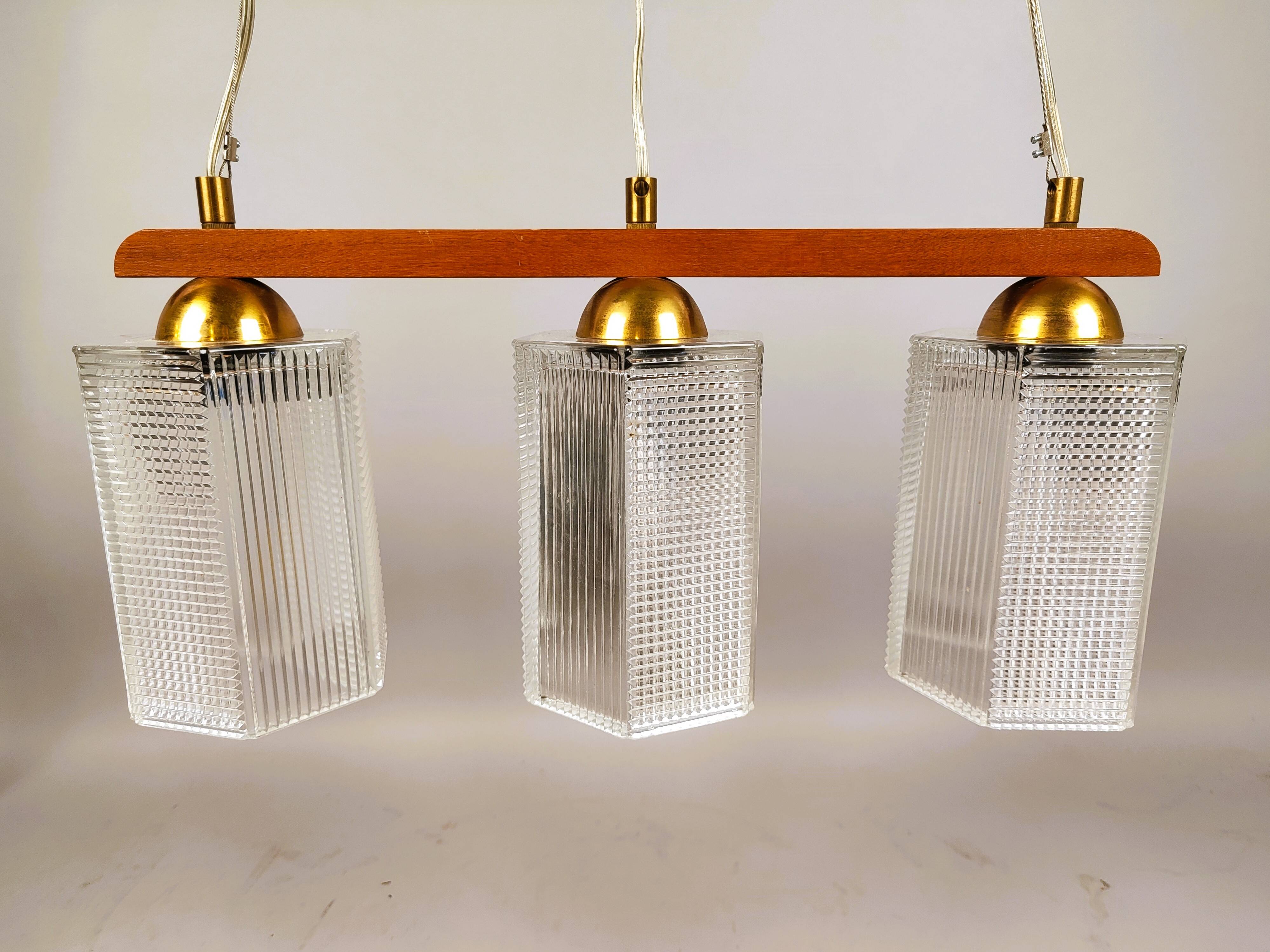 Teak, brass and glass pendant light, Denmark, 1970s