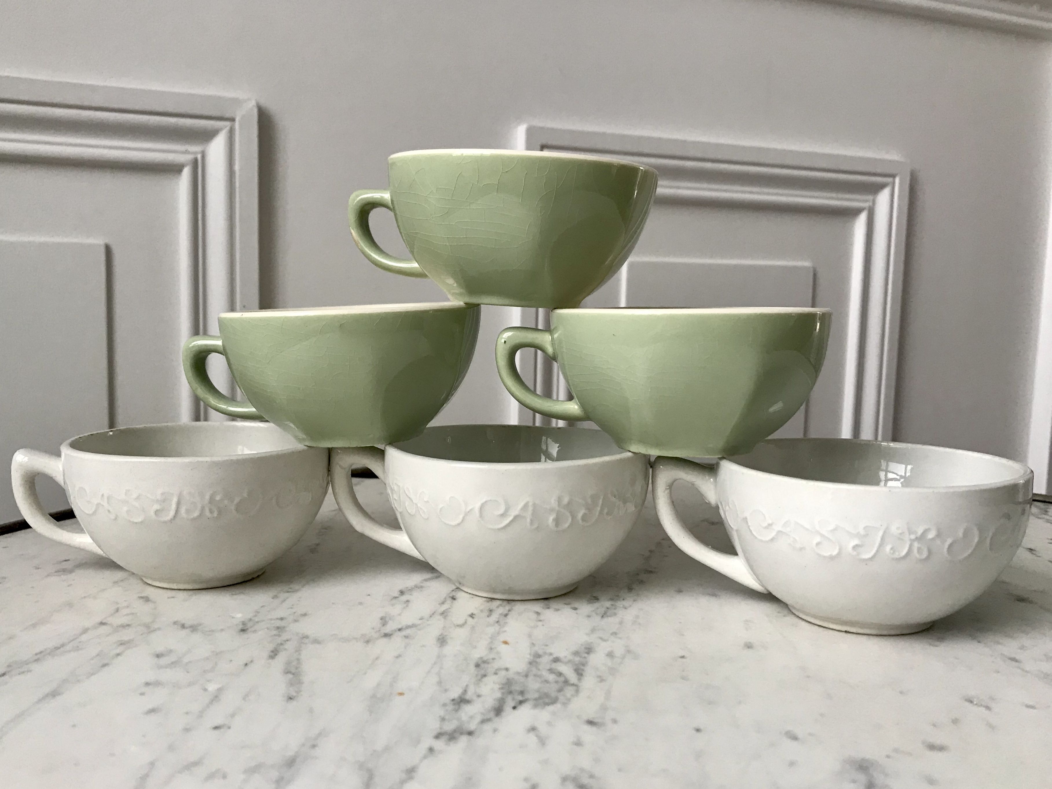 Set of 6 coffee cups Digoin letters and Villeroy & Boch green sage 50s-60s
