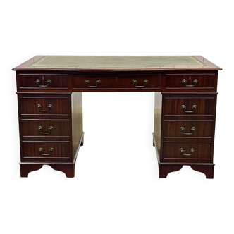 English mahogany pedestal desk with leather top from the 1950s