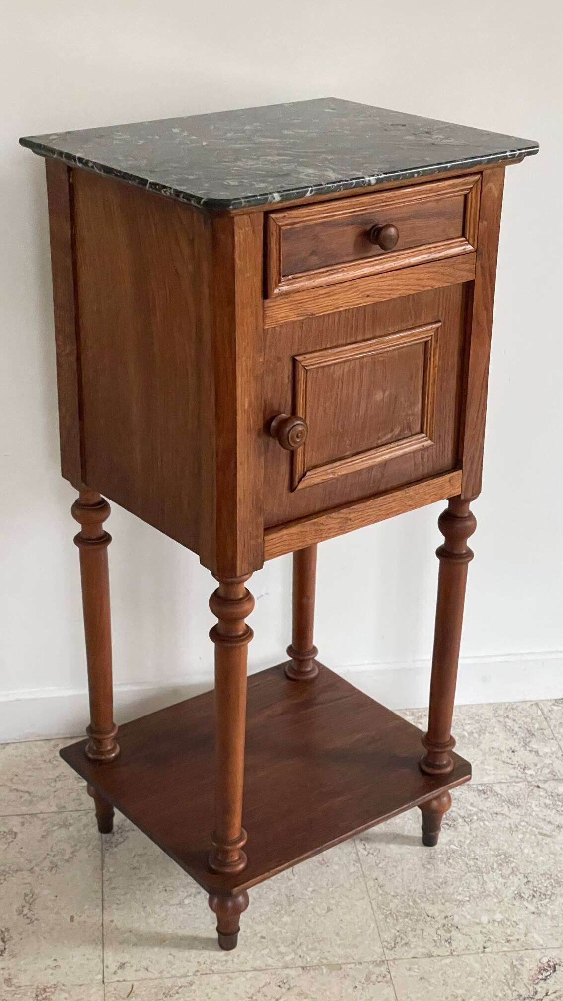Antique bedside table in wood and marble