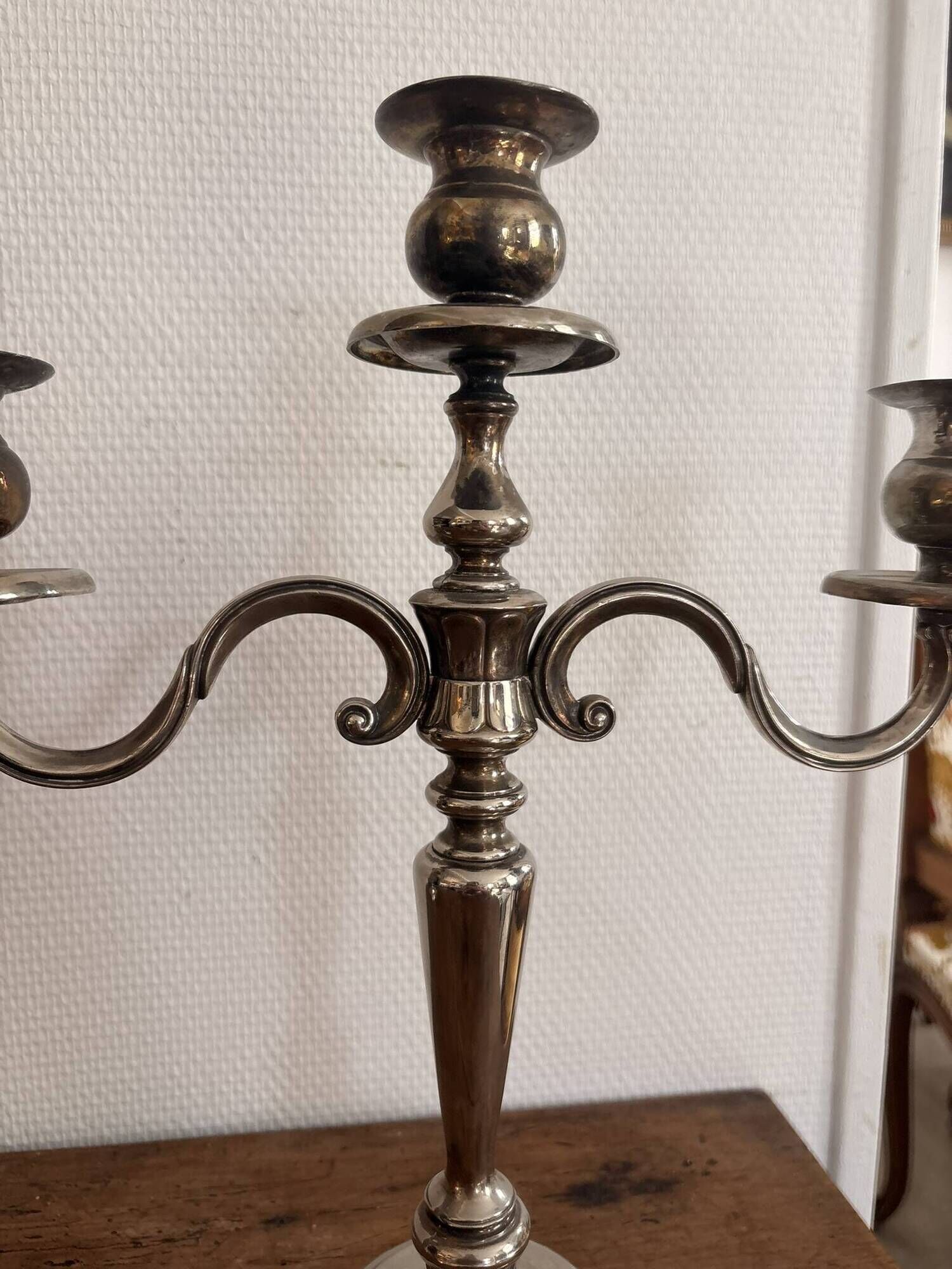 Antique Pair of 3-Light Candelabra Silver-Plated Metal Louis XV Rococo Style