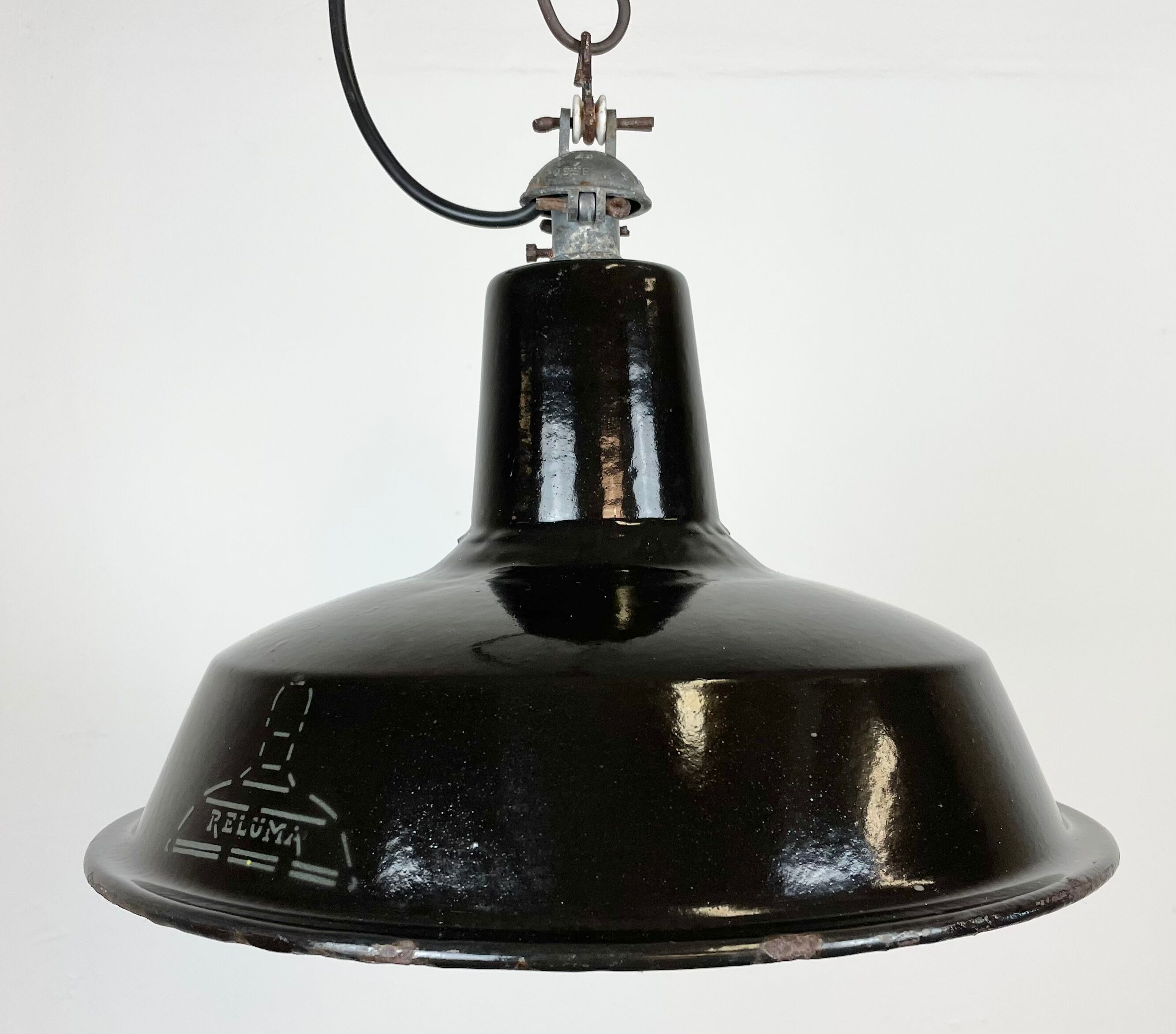 Industrial Black Enamel Hanging Lamp from Reluma, 1950s