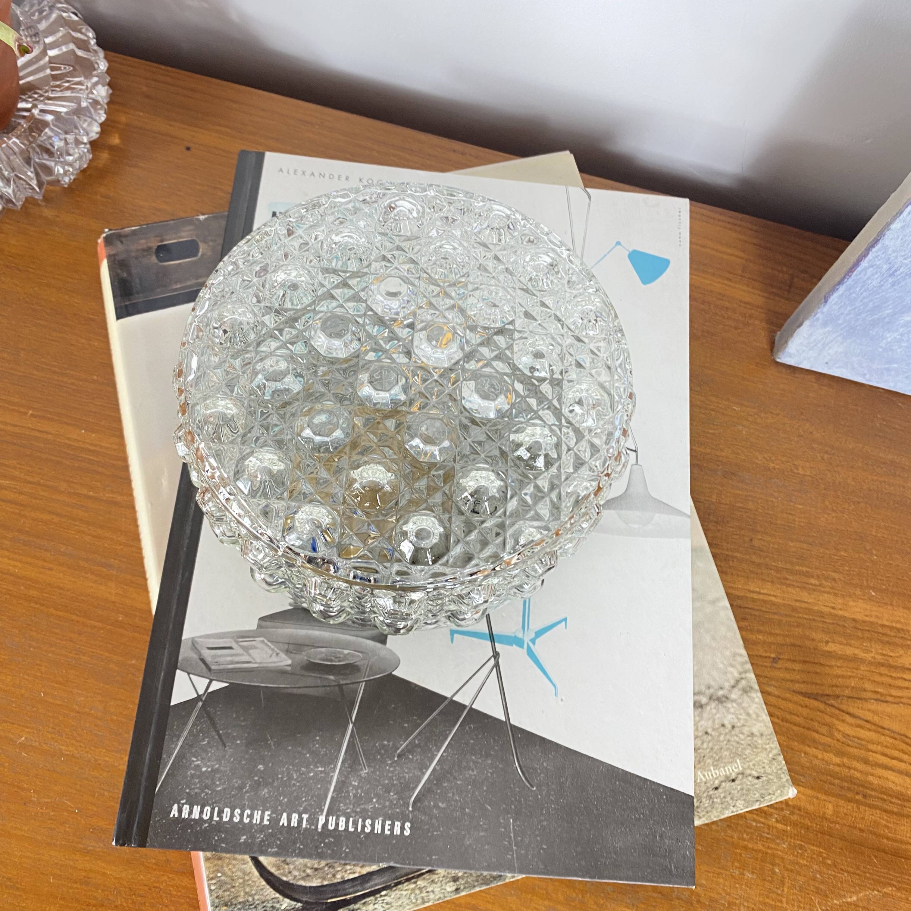 Small round wall light ceiling fixture in glass vintage diamond point.