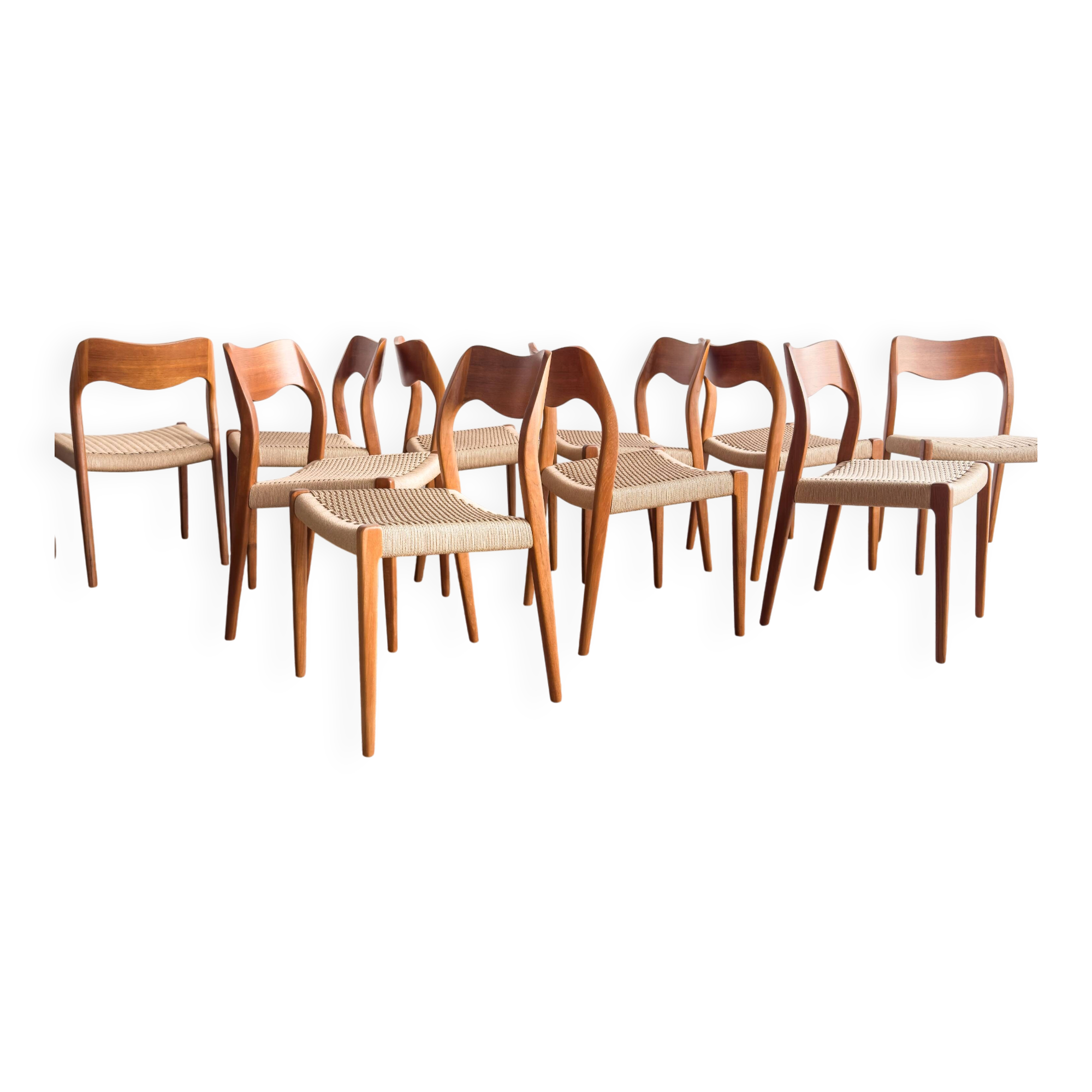 Set of 10 chairs 71 in teak by Niels O. Møller, JL Moller, Mid Century
