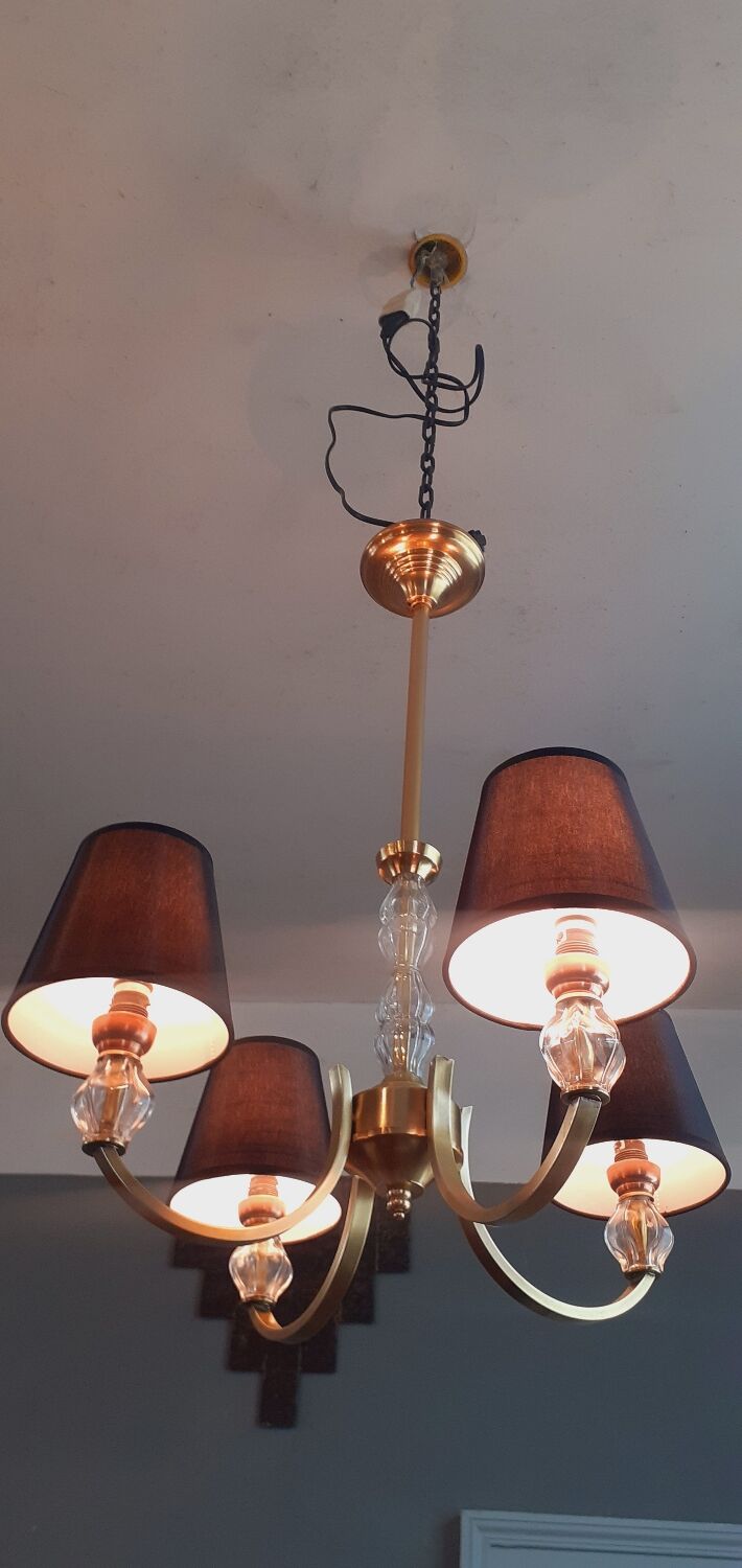 Vintage chandelier year 50 in brass and molded glass