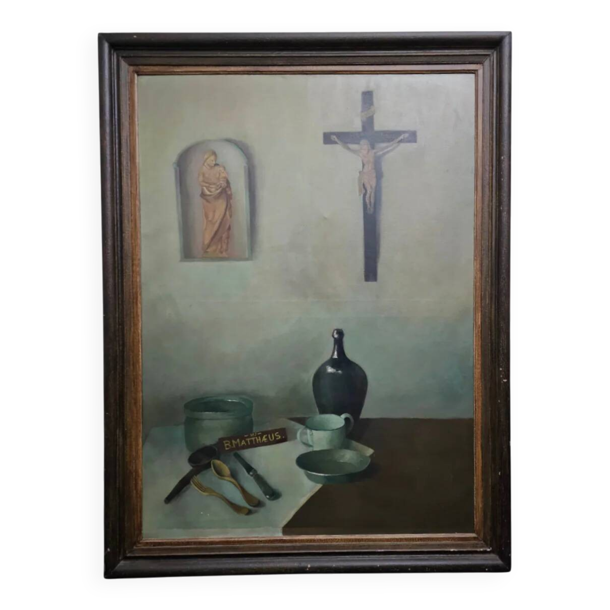 Jolie Laide / peinture à l'huile sur toile nature morte / iconographie religieuse avec des objets du quotidien / années 1930 / hauteur 155 cm