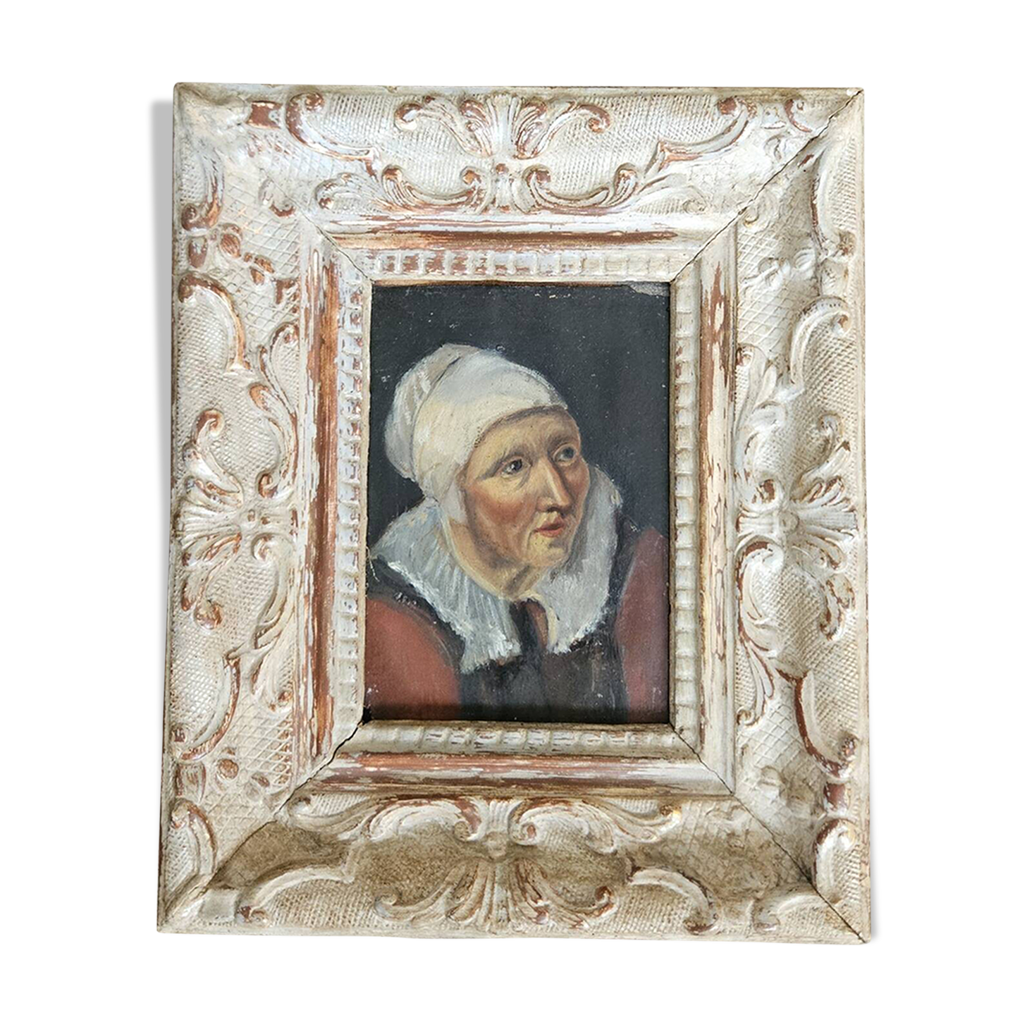 Oil on mounted paper - Portrait of a peasant woman signed, 18th century