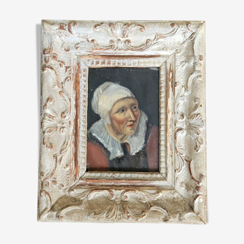 Huile sur papier marouflé - Portrait de paysanne signée, XVIIIème siècle