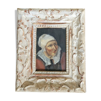 Huile sur papier marouflé - Portrait de paysanne signée, XVIIIème siècle