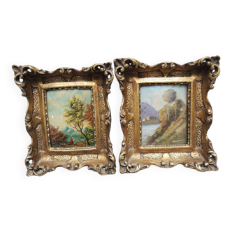 2 anciens tableaux de paysages miniatures signés & encadrés