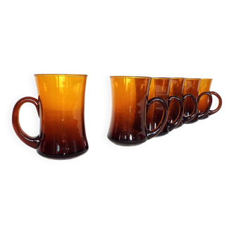 6 amber glass tea cups