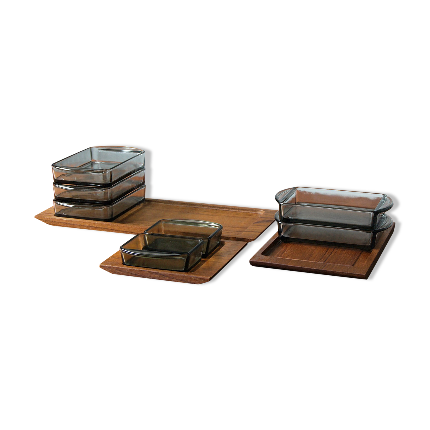 Danish Modern Serving Set Teak Tray With Glass Bowls