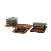 Danish Modern Serving Set Teak Tray With Glass Bowls