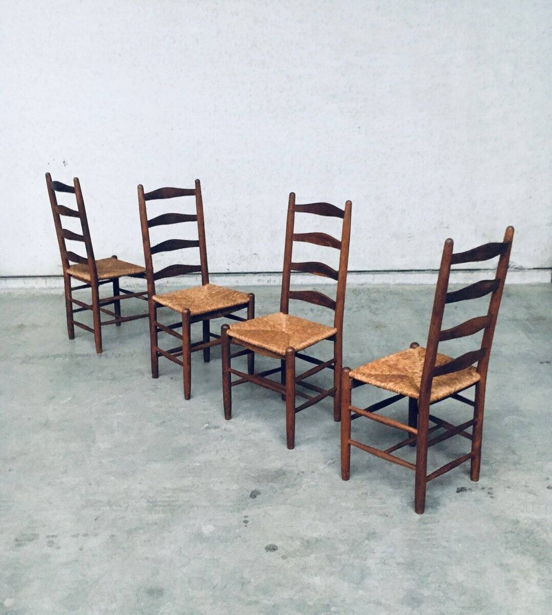 Rustic Handcrafted Oak and Rush High Back Dining Chairs, Belgium, 1940s, Set of 4