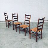 Rustic Handcrafted Oak and Rush High Back Dining Chairs, Belgium, 1940s, Set of 4