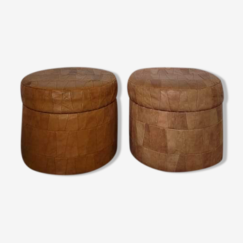 Poufs patchwork en cuir cognac