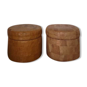 Poufs patchwork en cuir cognac
