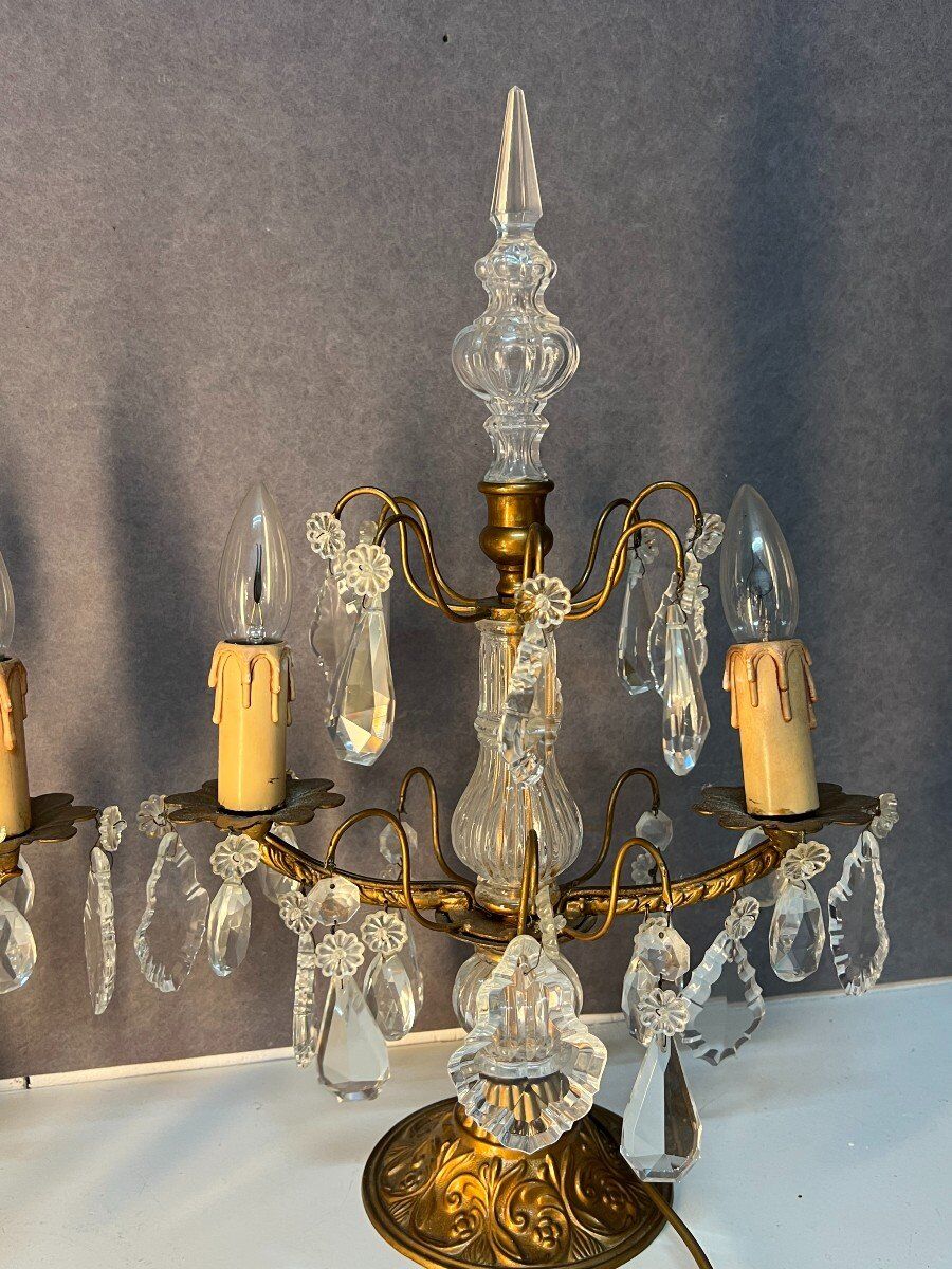 Pair of antique chandeliers, in brass with cut glass pendants, early 20th century