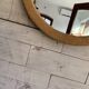 Vintage 1950s round wall mirror, wooden frame and mirror, yellow finish.
