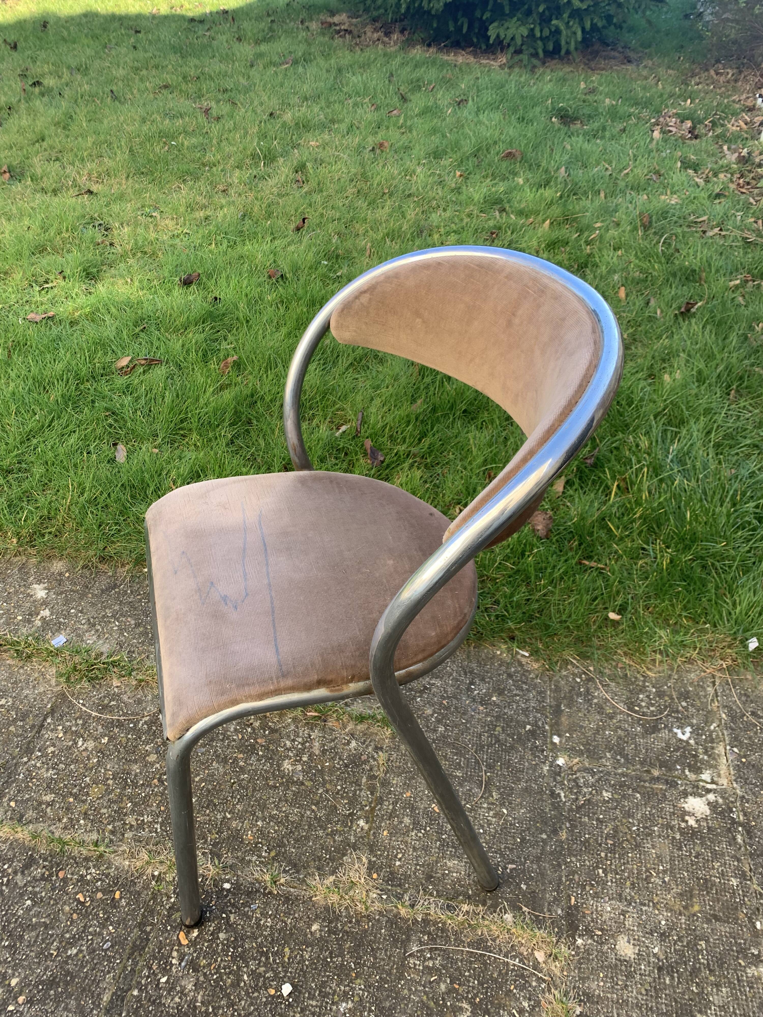 Chair in beige velvet and chrome, curved shape, vintage 1950