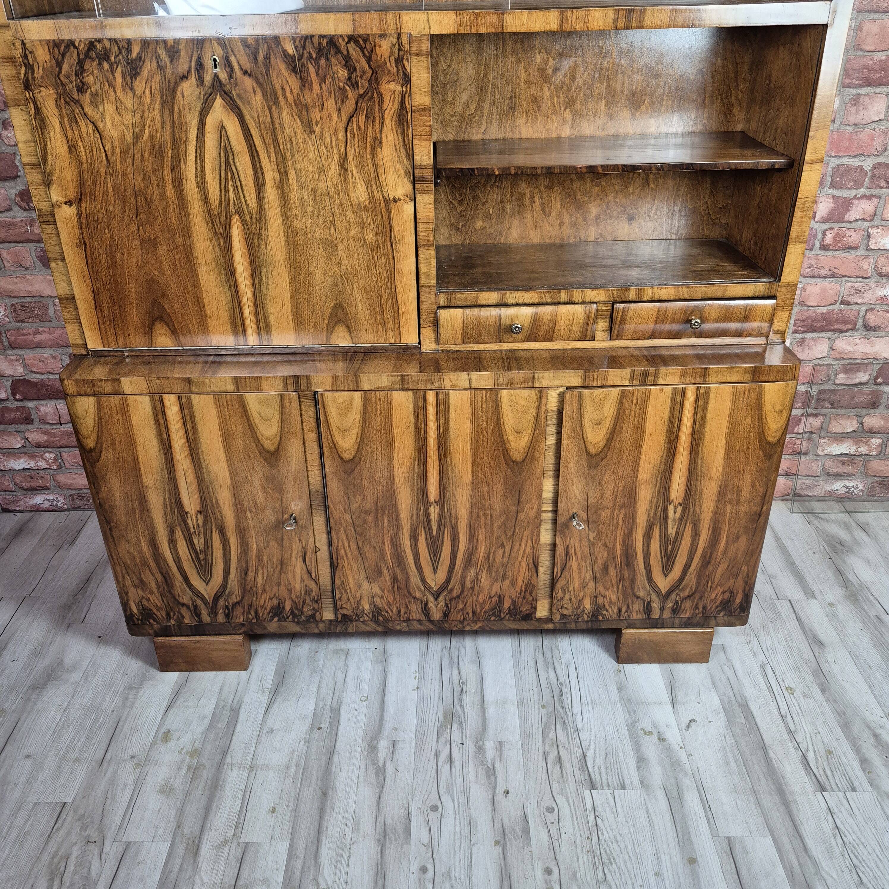 Restored Mid-Century Flame Walnut Highboard with Bar Cabinet - 1960s