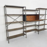 Large industrial metal and wooden wall unit, Attrb Gispen, The Netherlands 1950's
