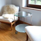 1970s stainless steel pedestal table with two glass tops