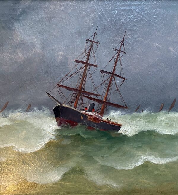 Tableau encadré HST XIX° siècle ''Bateau par gros temps'' signé C. Lion