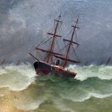 19th century HST painting "Boat in heavy weather" signed C. Lion + frame