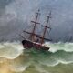 19th century HST painting "Boat in heavy weather" signed C. Lion + frame