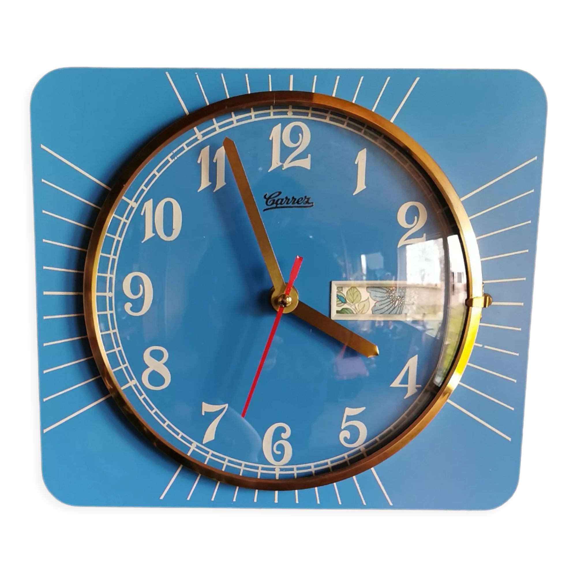 Vintage formica clock rectangular silent wall clock "Carrez blue"