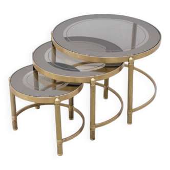 Tables basses gigognes en laiton et verre, 1970