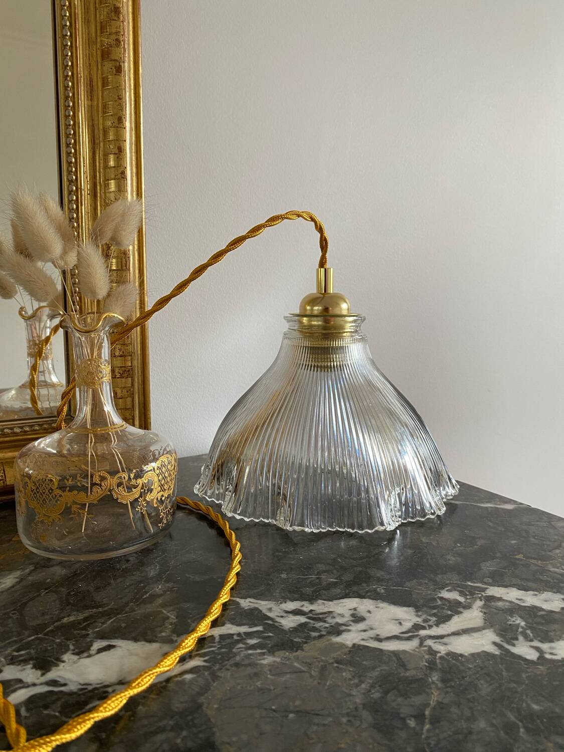Vintage glass holophane pendant light